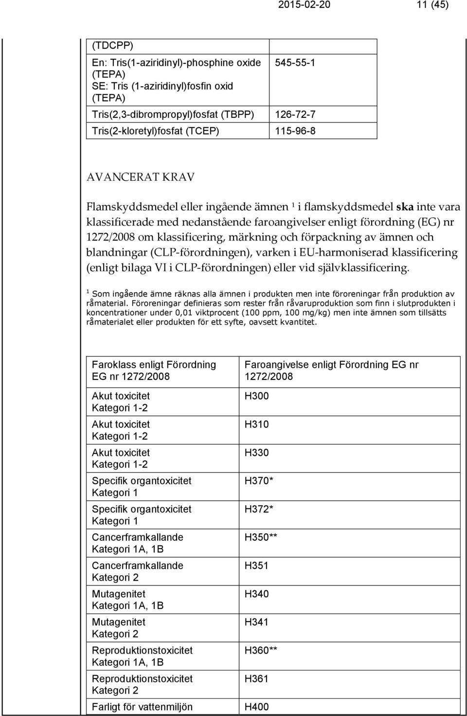 förpackning av ämnen och blandningar (CLP-förordningen), varken i EU-harmoniserad klassificering (enligt bilaga VI i CLP-förordningen) vid självklassificering.