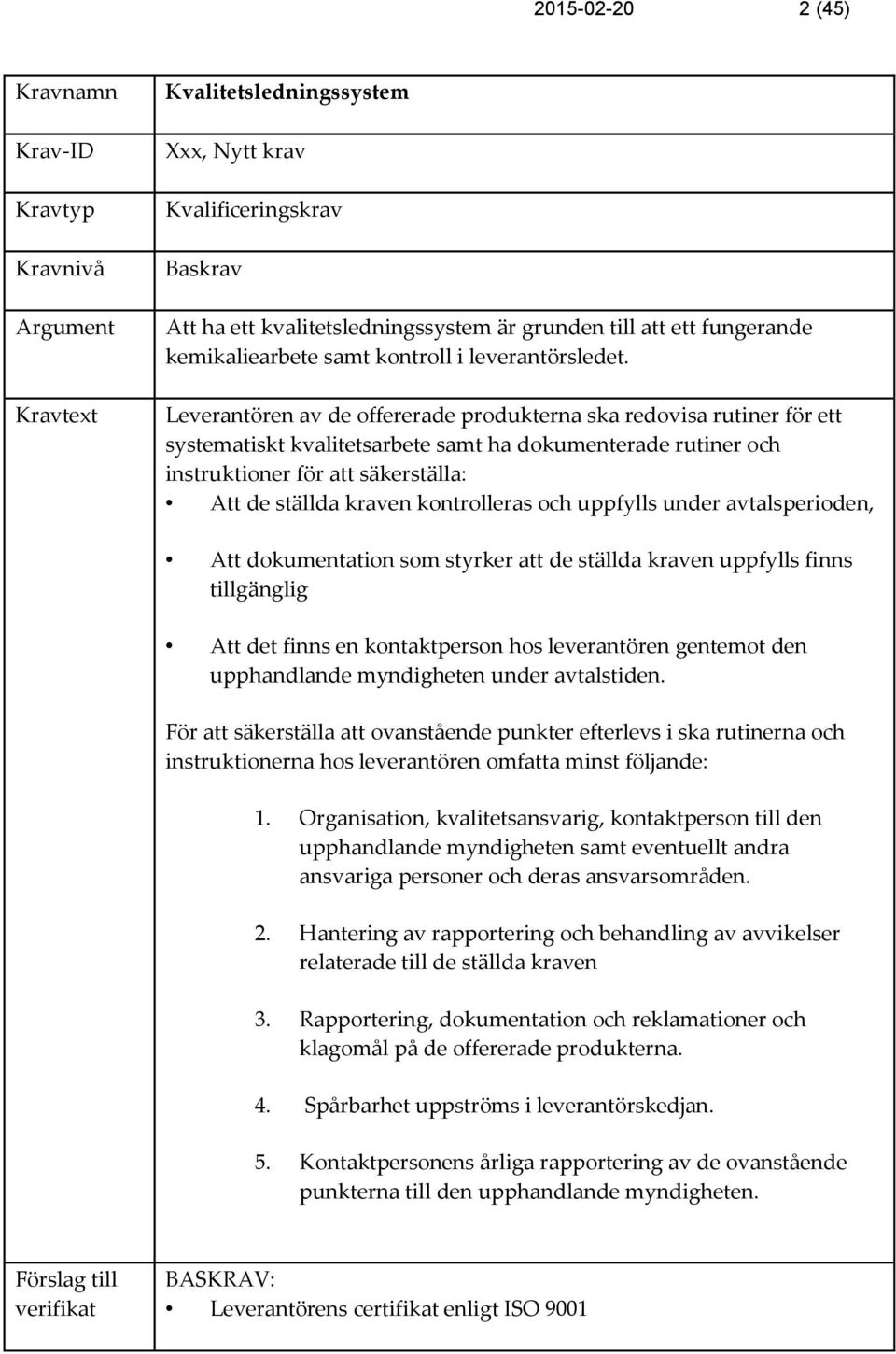 Leverantören av de offererade produkterna ska redovisa rutiner för ett systematiskt kvalitetsarbete samt ha dokumenterade rutiner och instruktioner för att säkerställa: Att de ställda kraven