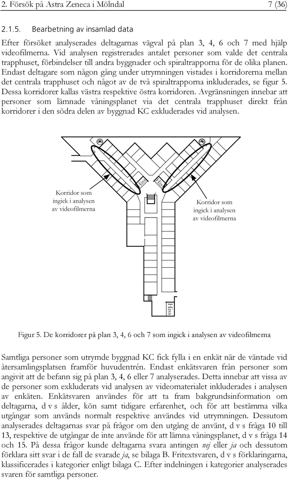 Endast deltagare som någon gång under utrymningen vistades i korridorerna mellan det centrala trapphuset och något av de två spiraltrapporna inkluderades, se figur 5.