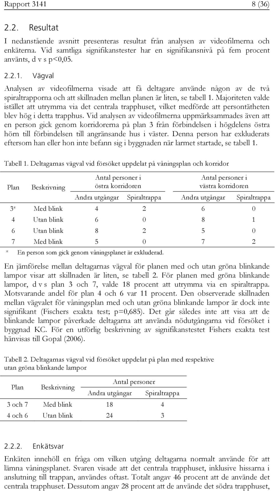 Vägval Analysen av videofilmerna visade att få deltagare använde någon av de två spiraltrapporna och att skillnaden mellan planen är liten, se tabell 1.