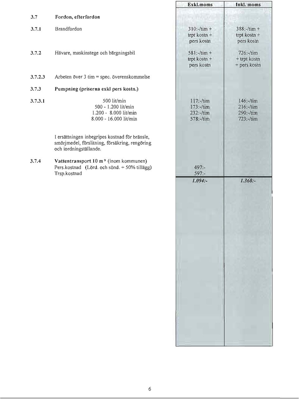 000 lit/min 581:-/tim + trpt kostn + pers kostn 117:-/tim I 73:-/tim 232: /tim 578:-/tim 726:-/tjm + trpt kostn + pers kostn 146:-/tim 216:-/tim 290:-/tim 723:-/iim I ersättningen