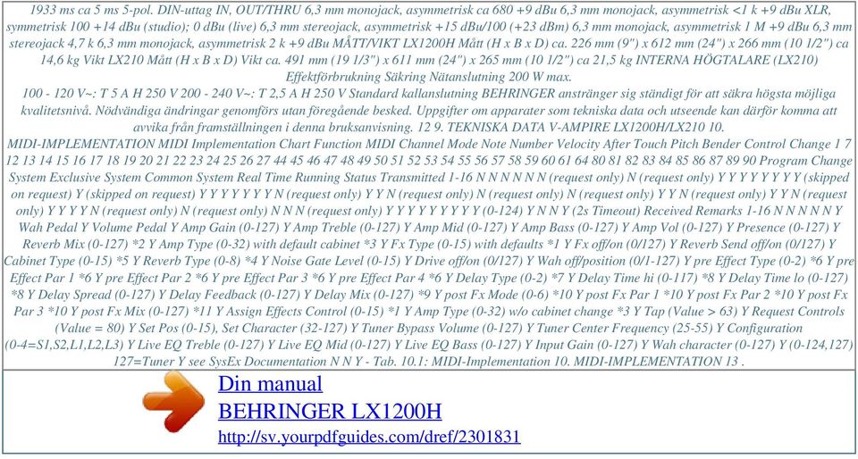 dbu/100 (+23 dbm) 6,3 mm monojack, asymmetrisk 1 M +9 dbu 6,3 mm stereojack 4,7 k 6,3 mm monojack, asymmetrisk 2 k +9 dbu MÅTT/VIKT LX1200H Mått (H x B x D) ca.