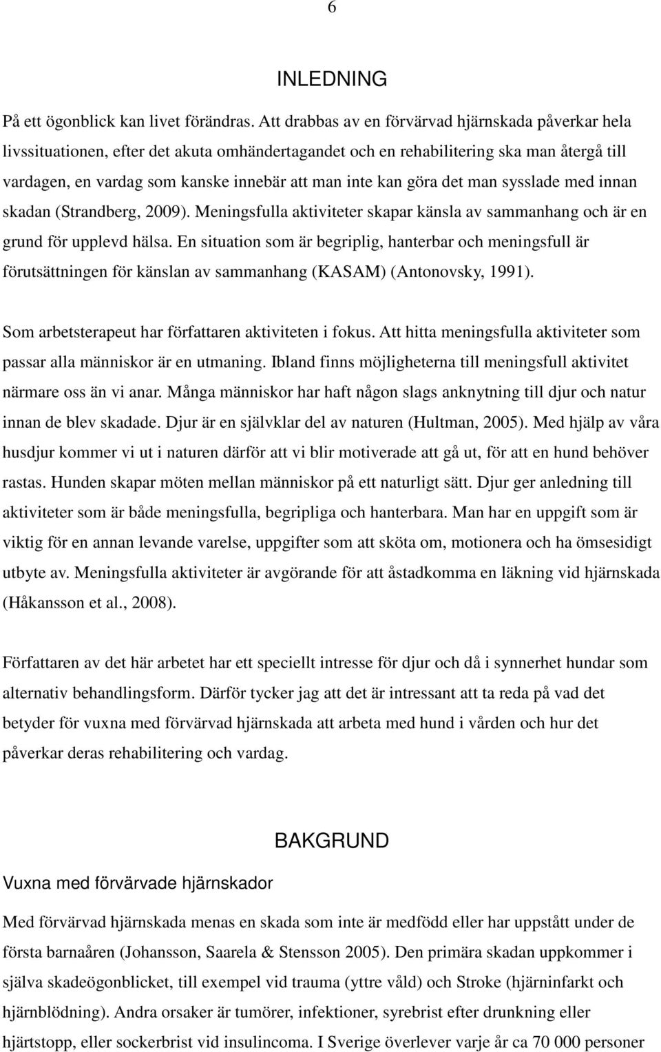 kan göra det man sysslade med innan skadan (Strandberg, 2009). Meningsfulla aktiviteter skapar känsla av sammanhang och är en grund för upplevd hälsa.