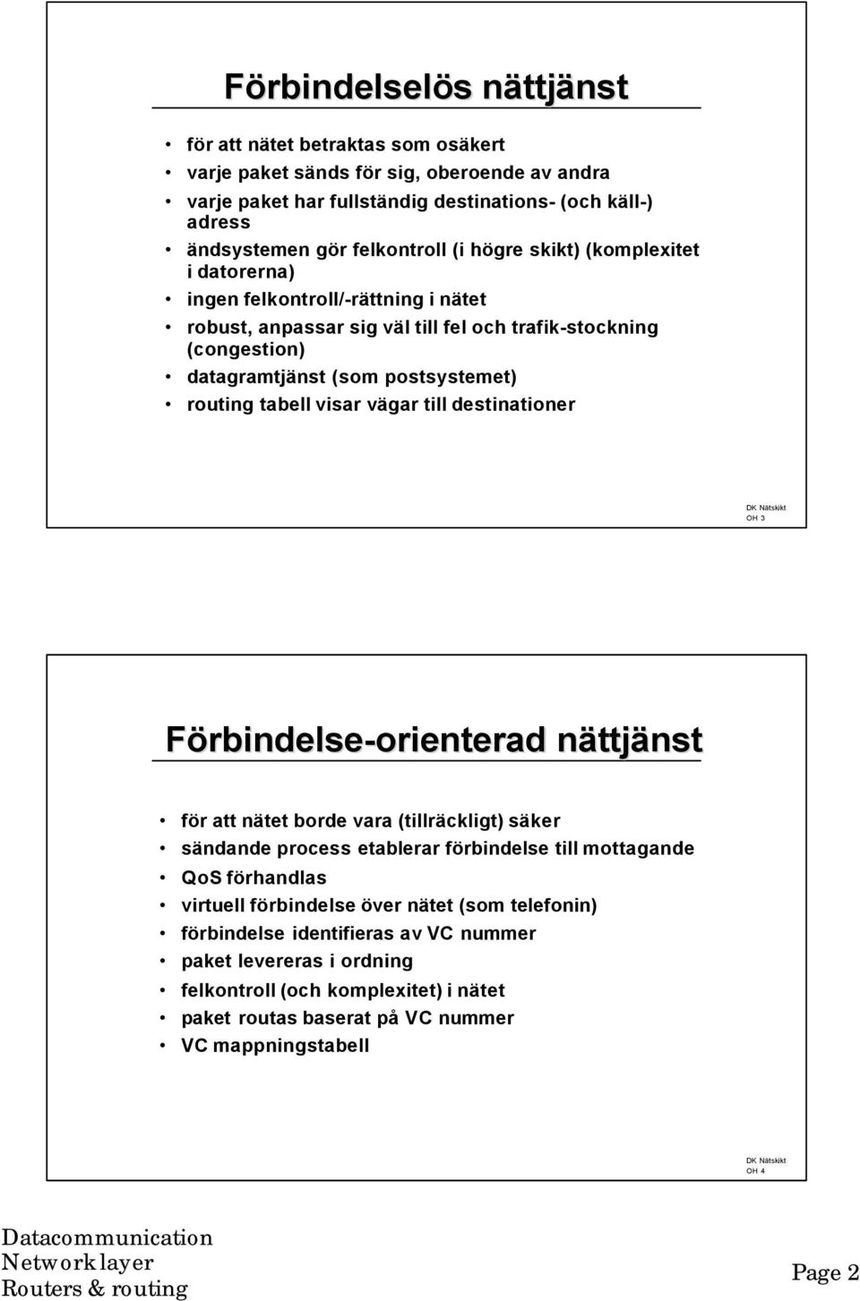 visar vägar till destinationer OH 3 Förbindelse-orienterad nättjänst för att nätet borde vara (tillräckligt) säker sändande process etablerar förbindelse till mottagande QoS förhandlas virtuell