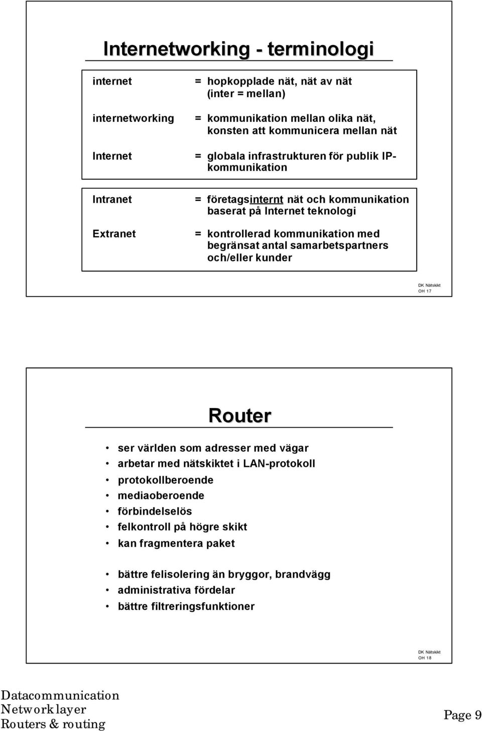 kommunikation med begränsat antal samarbetspartners och/eller kunder OH 17 ser världen som adresser med vägar arbetar med nätskiktet i LAN-protokoll protokollberoende
