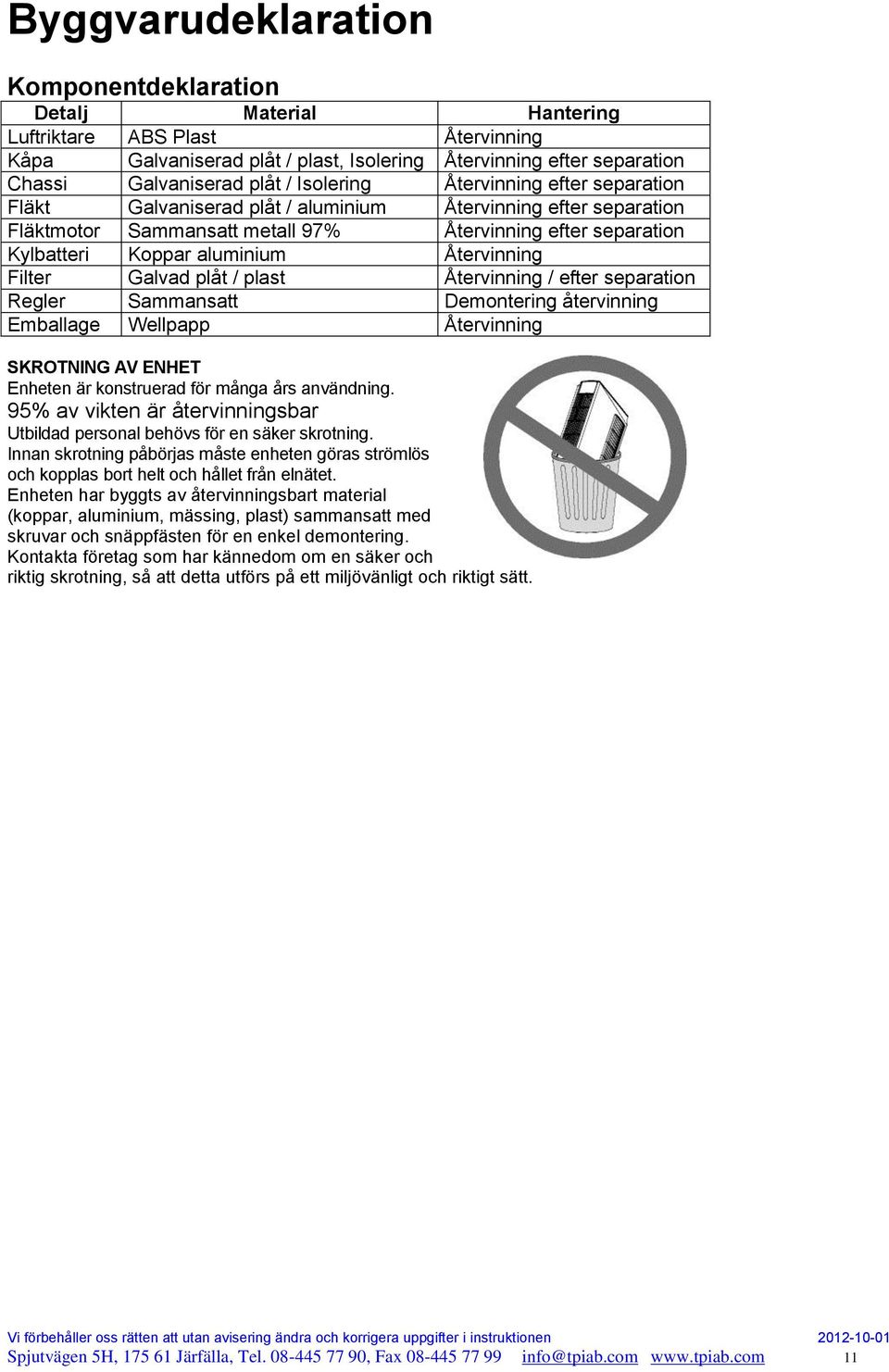 Återvinning Filter Galvad plåt / plast Återvinning / efter separation Regler Sammansatt Demontering återvinning Emballage Wellpapp Återvinning SKROTNING AV ENHET Enheten är konstruerad för många års