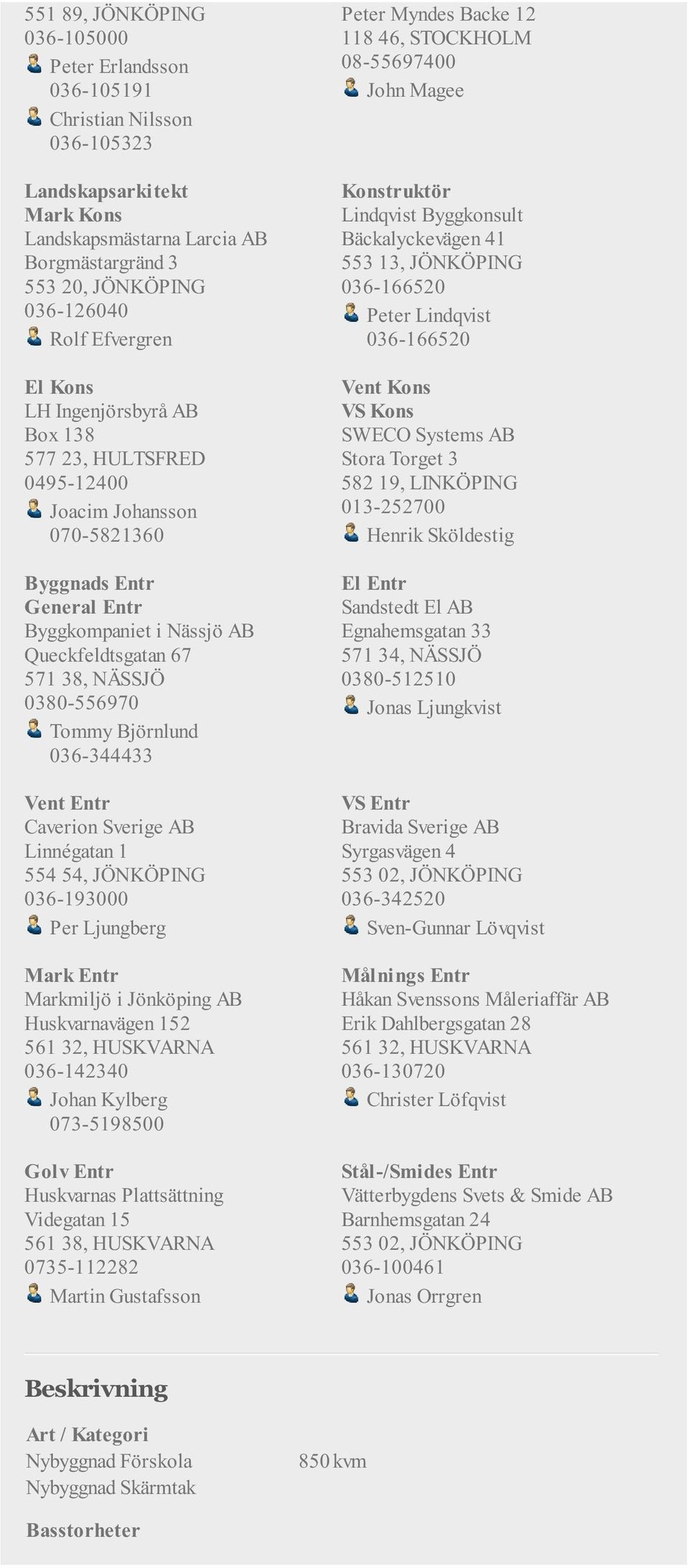 Ingenjörsbyrå AB VS Kons Box 138 SWECO Systems AB 577 23, HULTSFRED Stora Torget 3 0495-12400 582 19, LINKÖPING Joacim Johansson 013-252700 070-5821360 Henrik Sköldestig Byggnads Entr General Entr