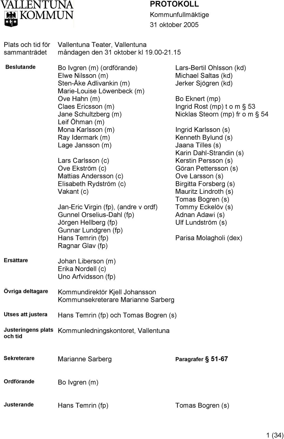 Karlsson (m) Ray Idermark (m) Lage Jansson (m) Lars Carlsson (c) Ove Ekström (c) Mattias Andersson (c) Elisabeth Rydström (c) Vakant (c) Jan-Eric Virgin (fp), (andre v ordf) Gunnel Orselius-Dahl (fp)