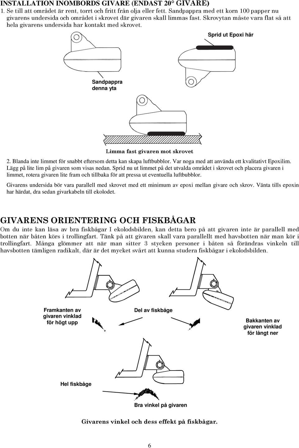 Sprid ut Epoxi här Sandpappra denna yta Limma fast givaren mot skrovet 2. Blanda inte limmet för snabbt eftersom detta kan skapa luftbubblor. Var noga med att använda ett kvalitativt Epoxilim.