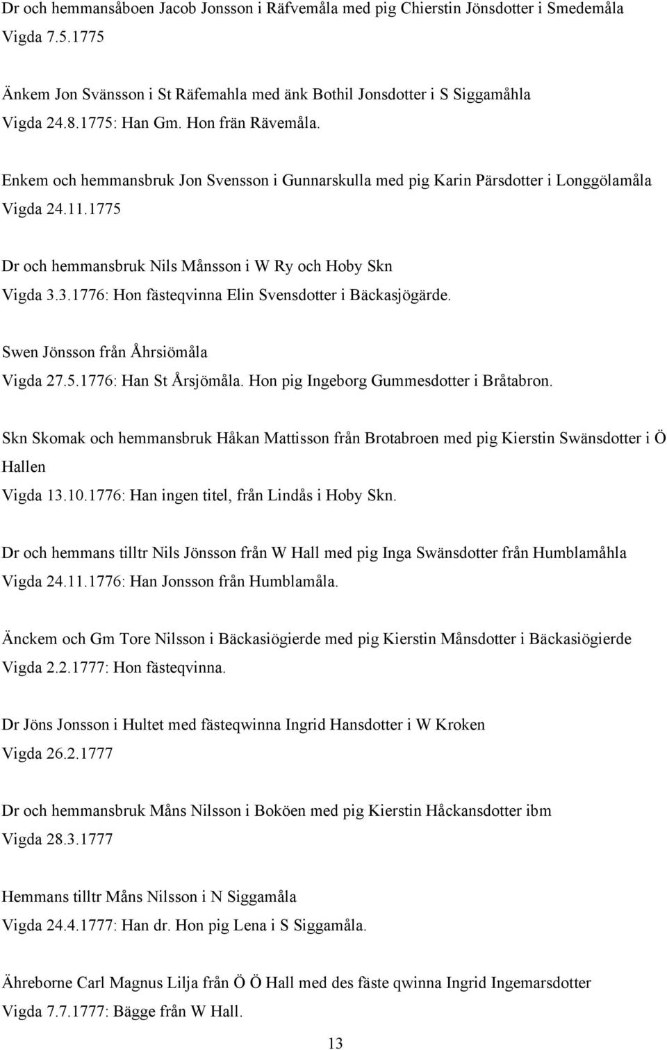 3.1776: Hon fästeqvinna Elin Svensdotter i Bäckasjögärde. Swen Jönsson från Åhrsiömåla Vigda 27.5.1776: Han St Årsjömåla. Hon pig Ingeborg Gummesdotter i Bråtabron.