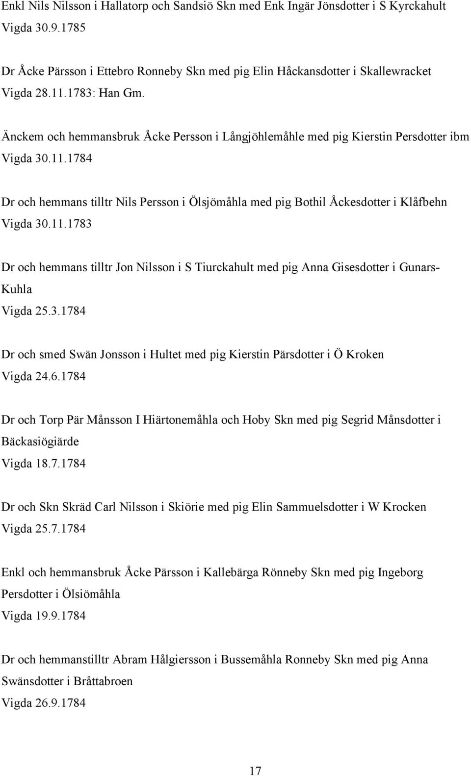 1784 Dr och hemmans tilltr Nils Persson i Ölsjömåhla med pig Bothil Åckesdotter i Klåfbehn Vigda 30.11.