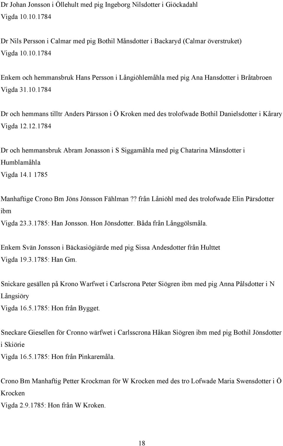 12.1784 Dr och hemmansbruk Abram Jonasson i S Siggamåhla med pig Chatarina Månsdotter i Humblamåhla Vigda 14.1 1785 Manhaftige Crono Bm Jöns Jönsson Fählman?