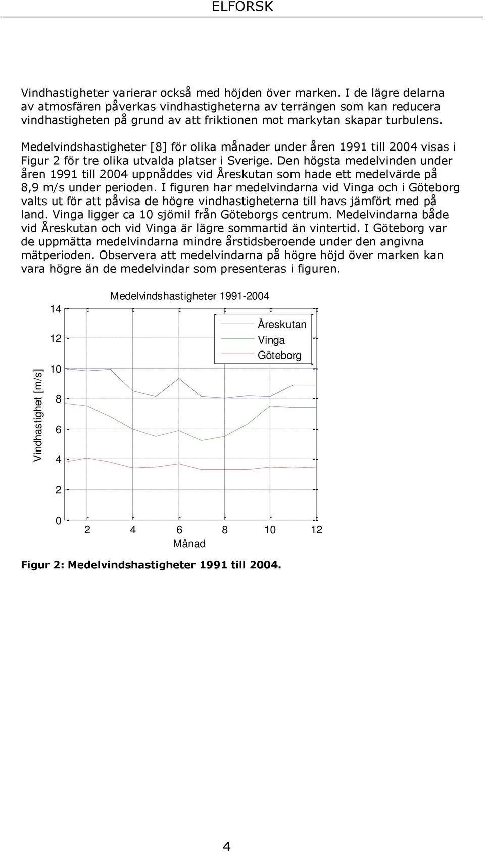 Medelvindshastigheter [8] för olika månader under åren 1991 till 2004 visas i Figur 2 för tre olika utvalda platser i Sverige.