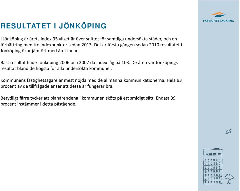 De åren var Jönköpings resultat bland de högsta för alla undersökta kommuner. Kommunens fastighetsägare är mest nöjda med de allmänna kommunikationerna.
