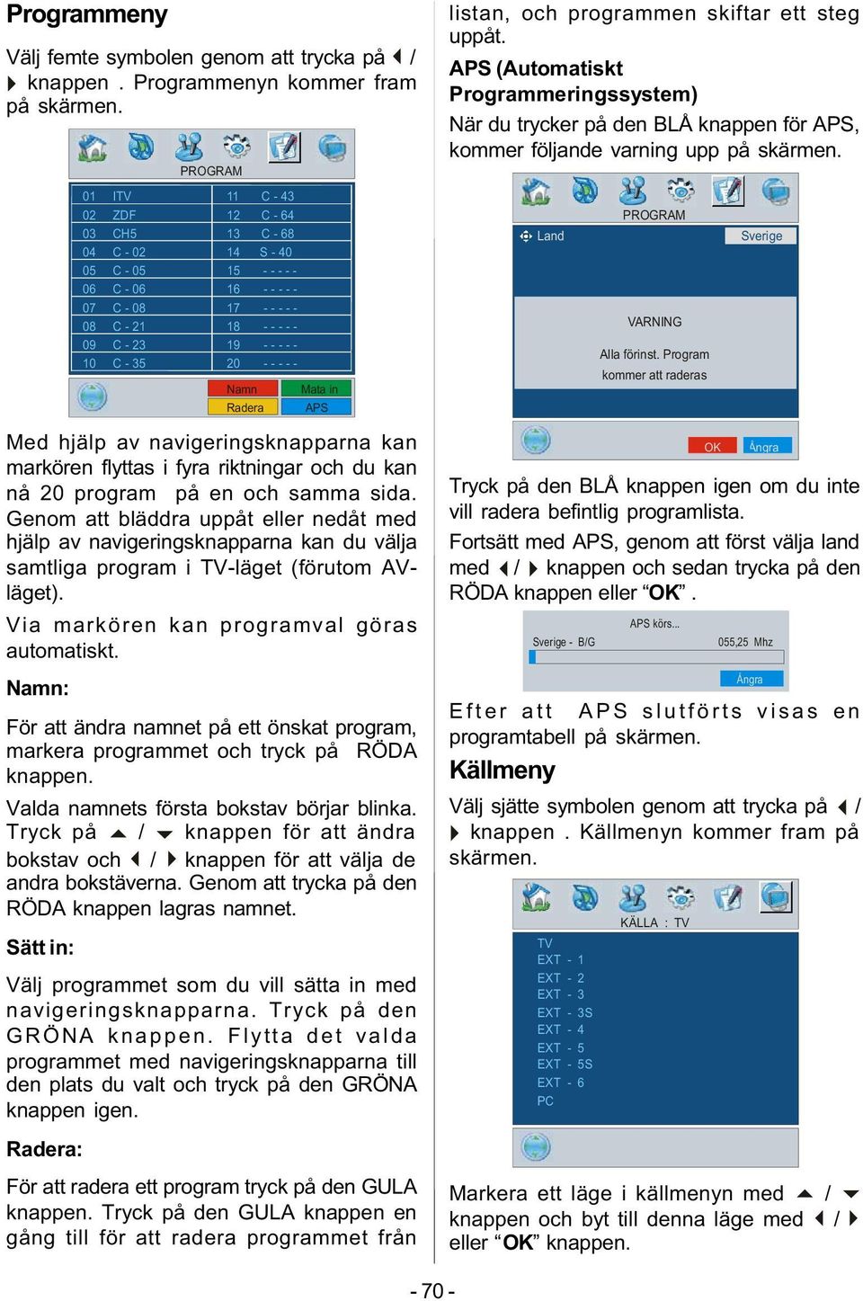 Radera Mata in APS Med hjälp av navigeringsknapparna kan markören flyttas i fyra riktningar och du kan nå 20 program på en och samma sida.