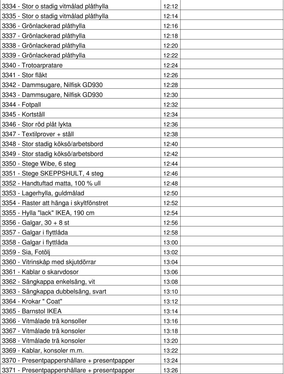 Kortställ 12:34 3346 - Stor röd plåt lykta 12:36 3347 - Textilprover + ställ 12:38 3348 - Stor stadig köksö/arbetsbord 12:40 3349 - Stor stadig köksö/arbetsbord 12:42 3350 - Stege Wibe, 6 steg 12:44