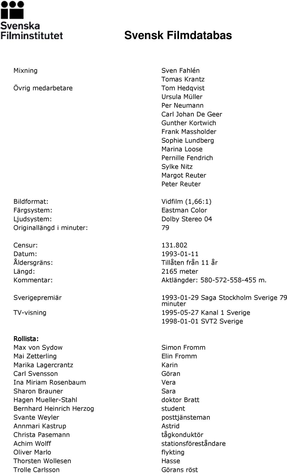 802 Datum: 1993-01-11 Åldersgräns: Tillåten från 11 år Längd: 2165 meter Kommentar: Aktlängder: 580-572-558-455 m.