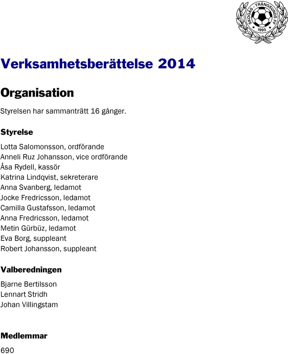 sekreterare Anna Svanberg, ledamot Jocke Fredricsson, ledamot Camilla Gustafsson, ledamot Anna Fredricsson,