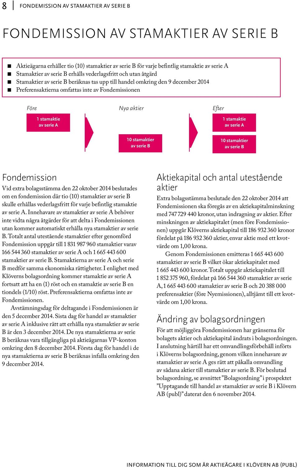 stamaktie av serie A 1 stamaktie av serie A 10 stamaktier av serie B 10 stamaktier av serie B Fondemission Vid extra bolagsstämma den 22 oktober 2014 beslutades om en fondemission där tio (10)