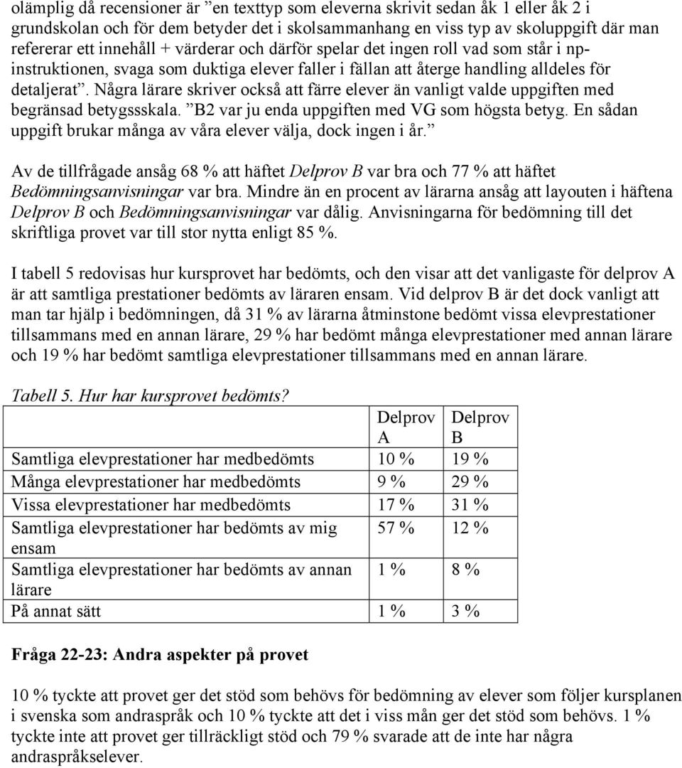 Några lärare skriver också att färre elever än vanligt valde uppgiften med begränsad betygssskala. B2 var ju enda uppgiften med VG som högsta betyg.