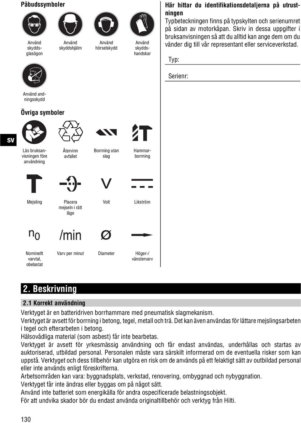 Typ: Serienr: Använd andningsskydd Övriga symboler Läs bruksanvisningen före användning Återvinn avfallet Borrning utan slag Hammarborrning Mejsling Placera mejseln i rätt läge Volt Likström