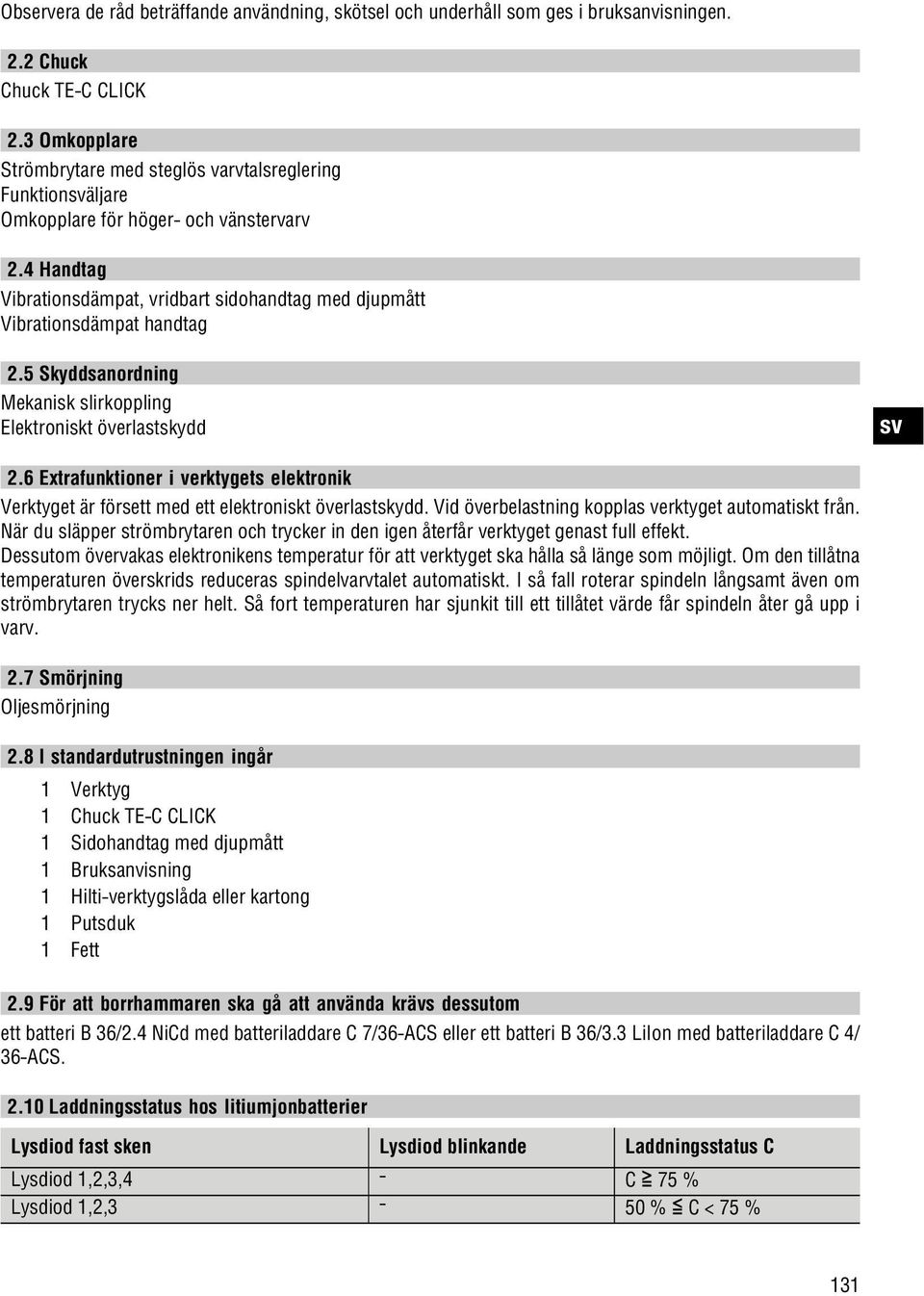 5 Skyddsanordning Mekanisk slirkoppling Elektroniskt överlastskydd 2.6 Extrafunktioner i verktygets elektronik Verktyget är försett med ett elektroniskt överlastskydd.