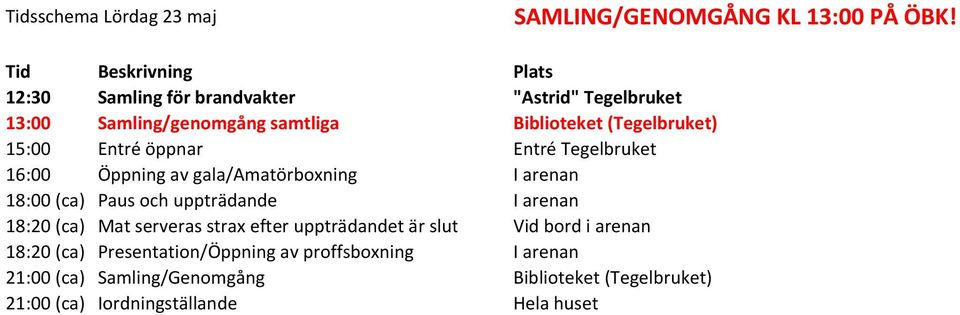 (ca) Paus och uppträdande I arenan 18:20 (ca) Mat serveras strax efter uppträdandet är slut Vid bord i arenan 18:20 (ca)