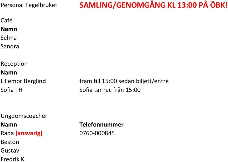 Sofia TH Sofia tar rec från 15:00 Ungdomscoacher