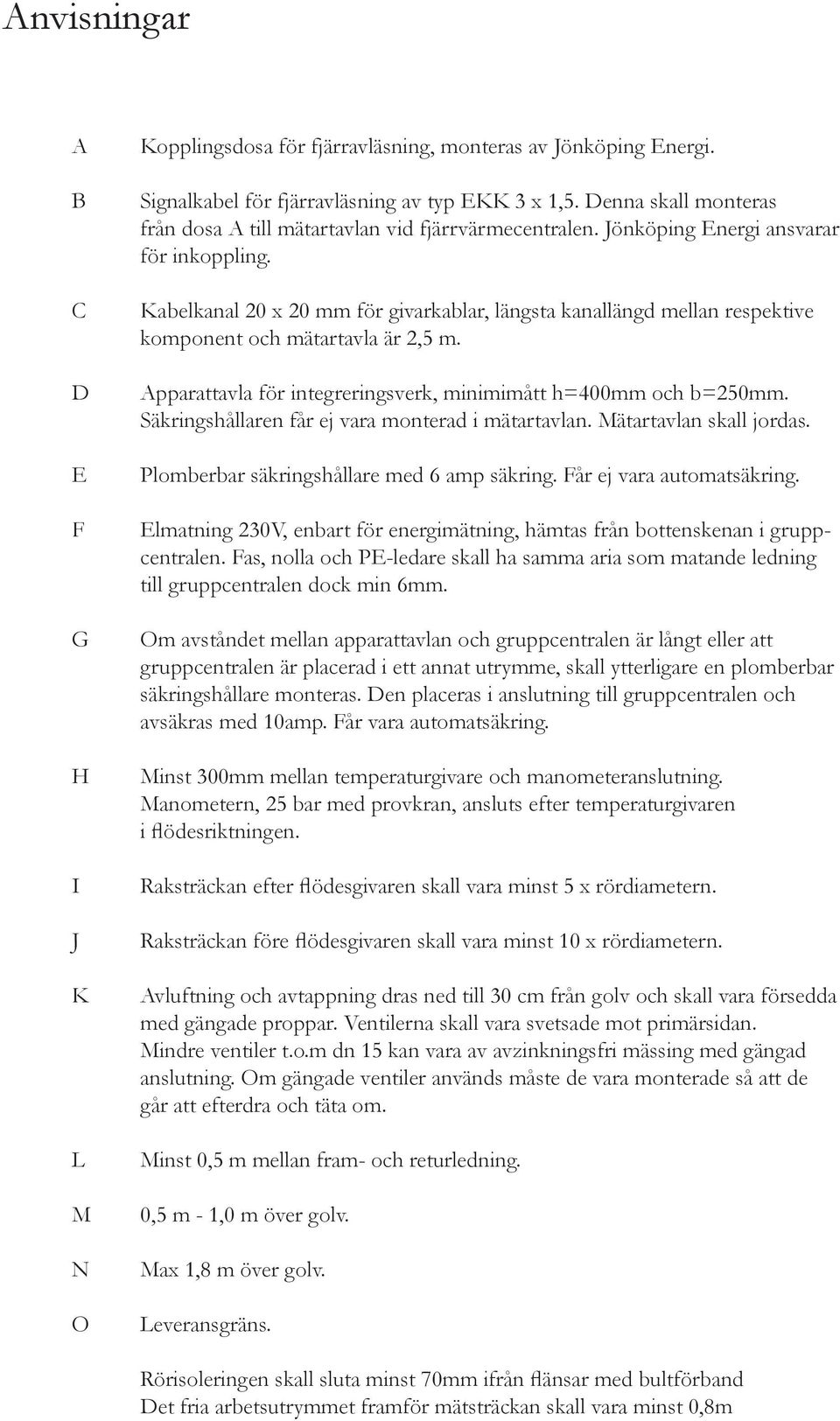 Kabelkanal 20 x 20 mm för givarkablar, längsta kanallängd mellan respektive komponent och mätartavla är 2,5 m. pparattavla för integreringsverk, minimimått h=400mm och b=250mm.