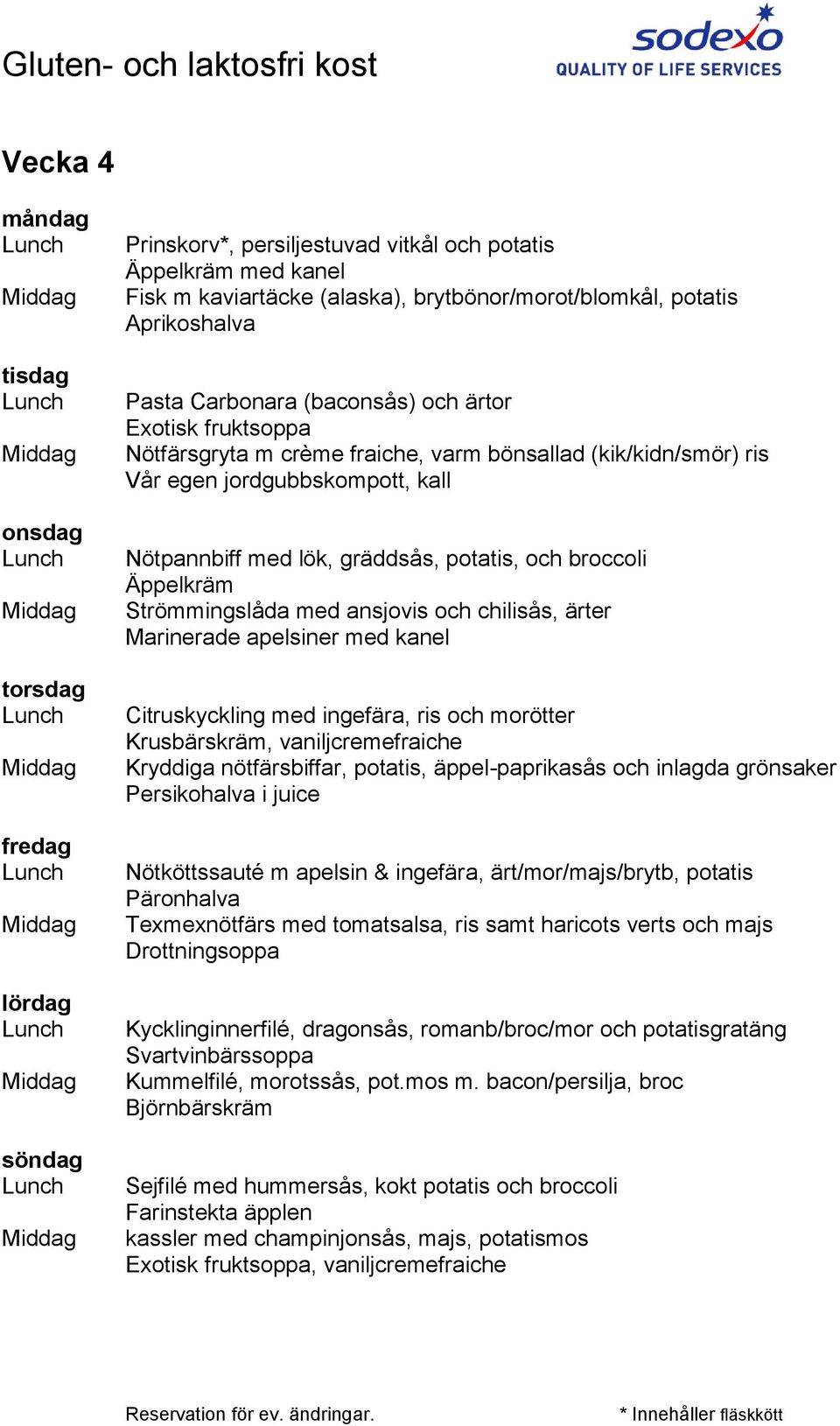 Marinerade apelsiner med kanel Citruskyckling med ingefära, ris och morötter Krusbärskräm, vaniljcremefraiche Kryddiga nötfärsbiffar, potatis, äppel-paprikasås och inlagda grönsaker Persikohalva i