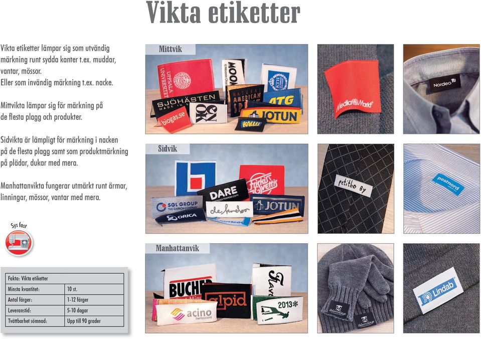 Sidvikta är lämpligt för märkning i nacken på de flesta plagg samt som produktmärkning på plädar, dukar med mera.