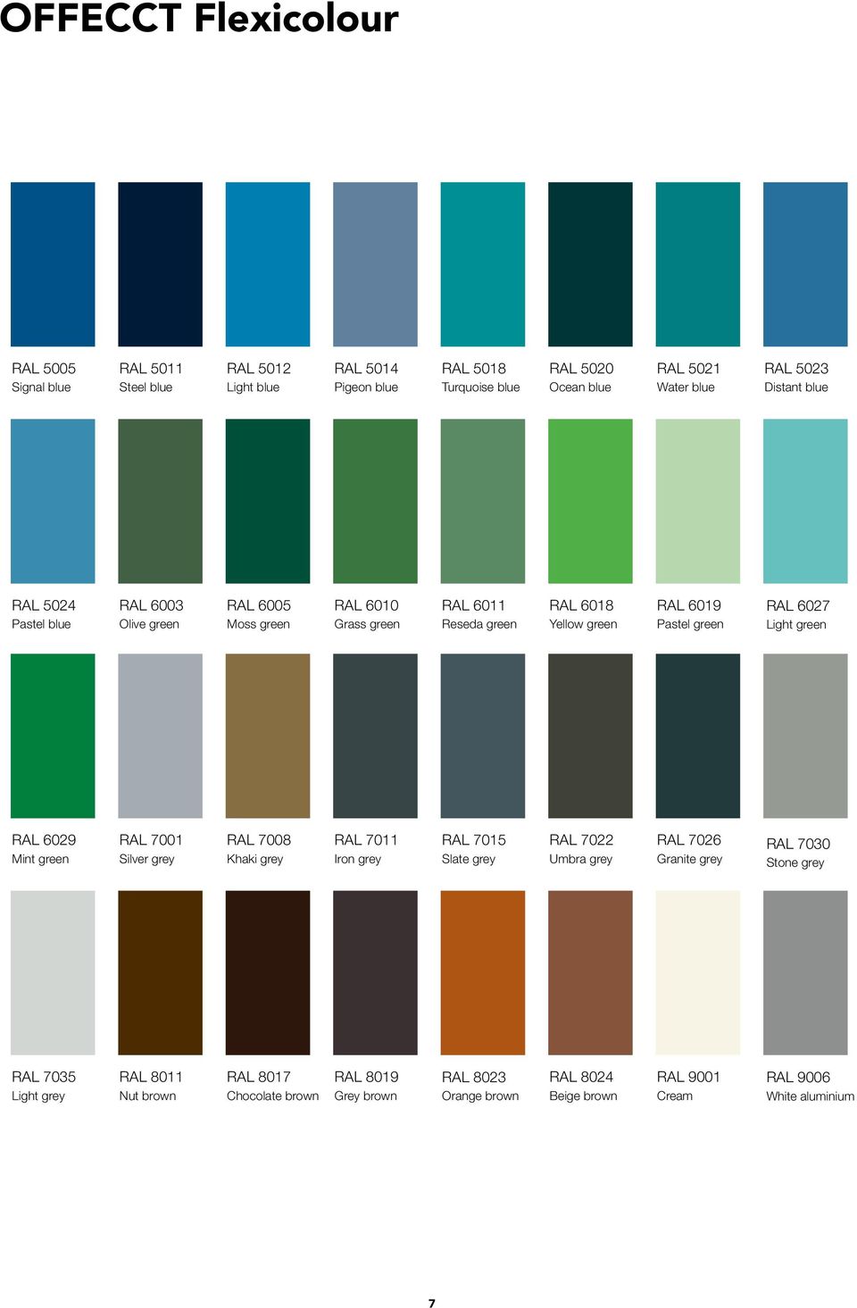 green RAL 6027 Light green RAL 6029 Mint green RAL 7001 Silver grey RAL 7008 Khaki grey RAL 7011 Iron grey RAL 7015 Slate grey RAL 7022 Umbra grey RAL 7026 Granite grey RAL 7030 Stone grey RAL 7035