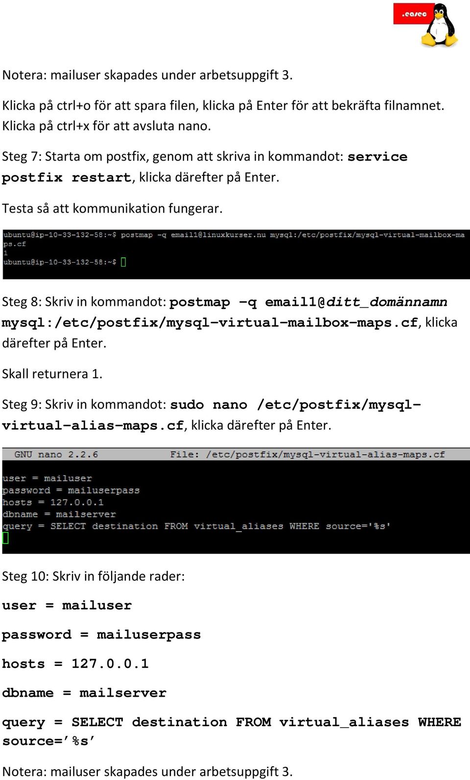 Steg 8: Skriv in kommandot: postmap q email1@ditt_domännamn mysql:/etc/postfix/mysql-virtual-mailbox-maps.cf, klicka därefter på Enter. Skall returnera 1.