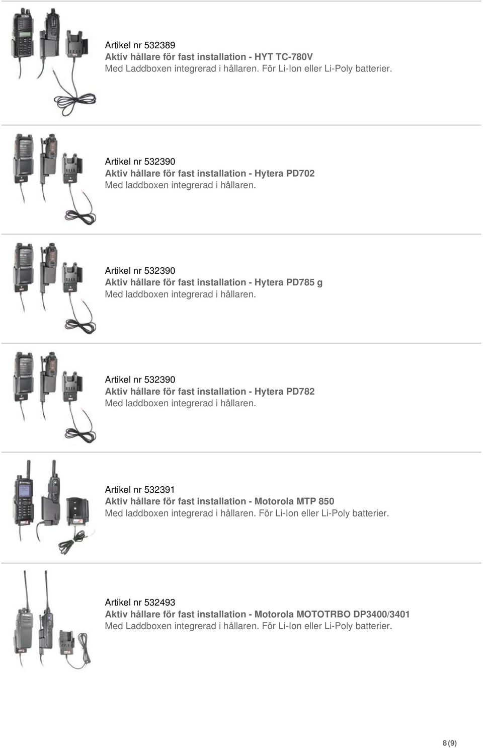 Aktiv hållare för fast installation - Hytera PD782 Artikel nr 532391 Aktiv hållare för fast installation - Motorola MTP