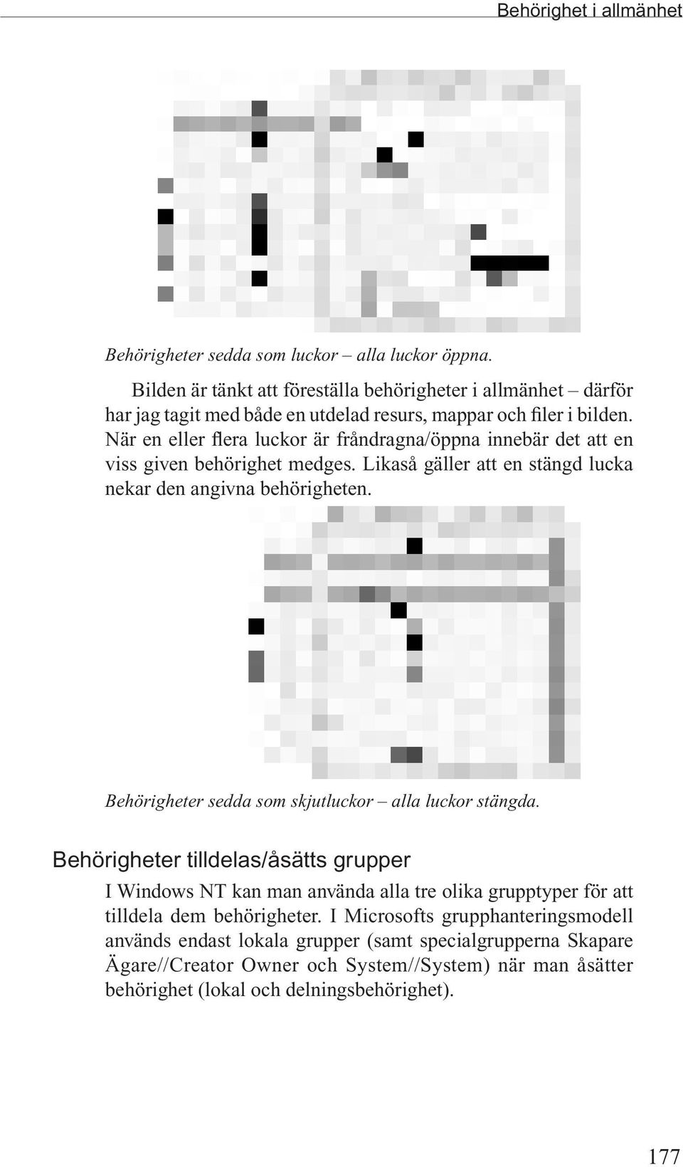 När en eller flera luckor är fråndragna/öppna innebär det att en viss given behörighet medges. Likaså gäller att en stängd lucka nekar den angivna behörigheten.