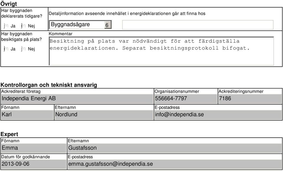 färdigställa energideklarationen. Separat besiktningsprotokoll bifogat.