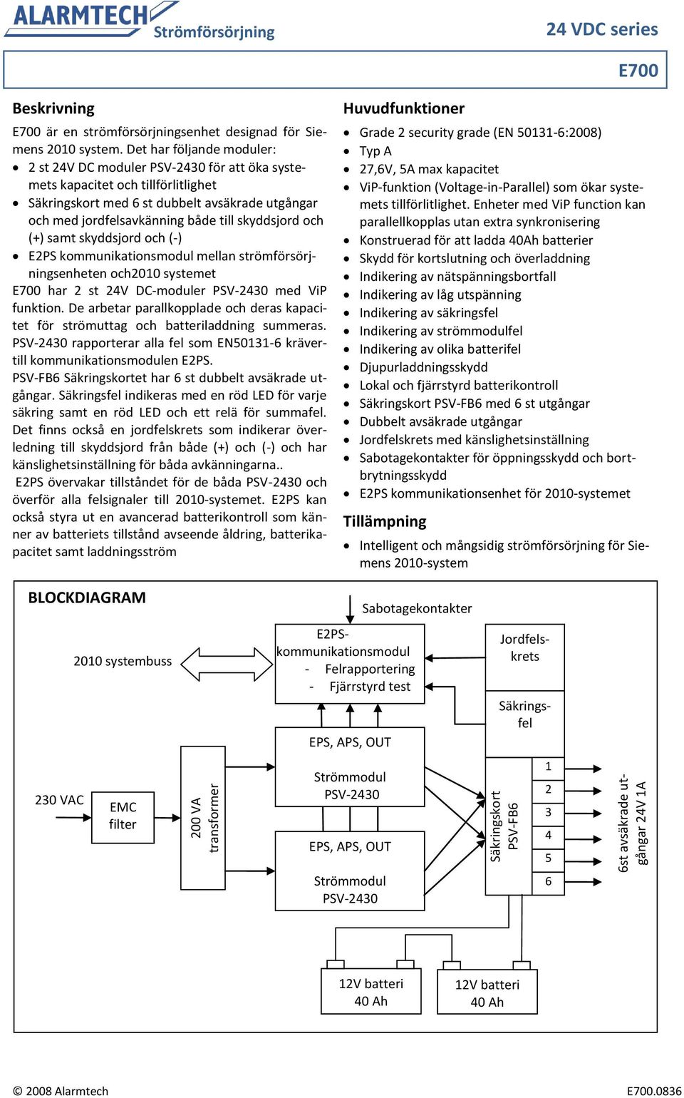 skyddsjord och (+) samt skyddsjord och (-) E2PS kommunikationsmodul mellan strömförsörjningsenheten och2010 systemet E700 har 2 st 24V DC-moduler PSV-2430 med ViP funktion.