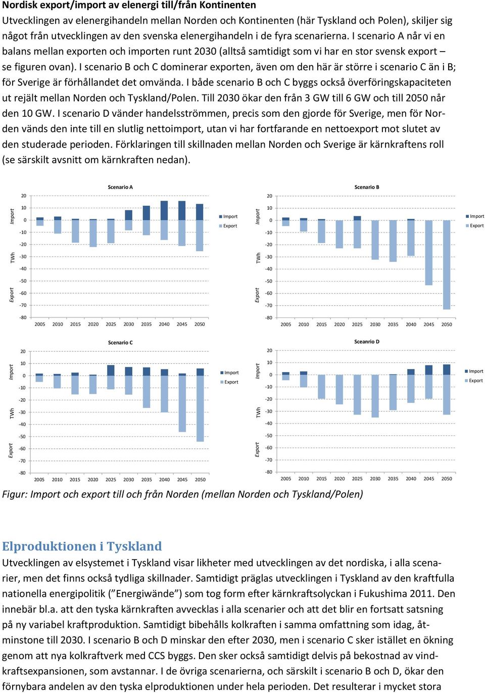 I scenario och dominerar exporten, även om den här är större i scenario än i ; för Sverige är förhållandet det omvända.