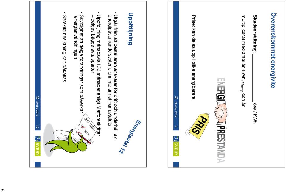 Sveby 2012 9 Uppföljning Utgår från att beställaren ansvarar för drift och underhåll av energipåverkande system, om inte