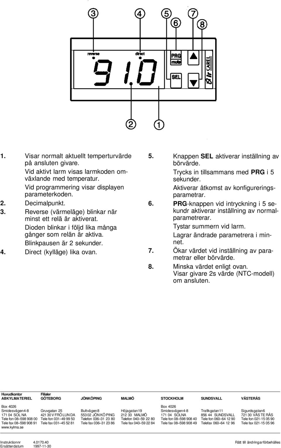 Knap pen SEL aktiverar inställning av bör vär de. Trycks in tillsammans med PRG i 5 sekunder. Aktiverar åtkomst av kon fi gu re ringsparametrar. 6.