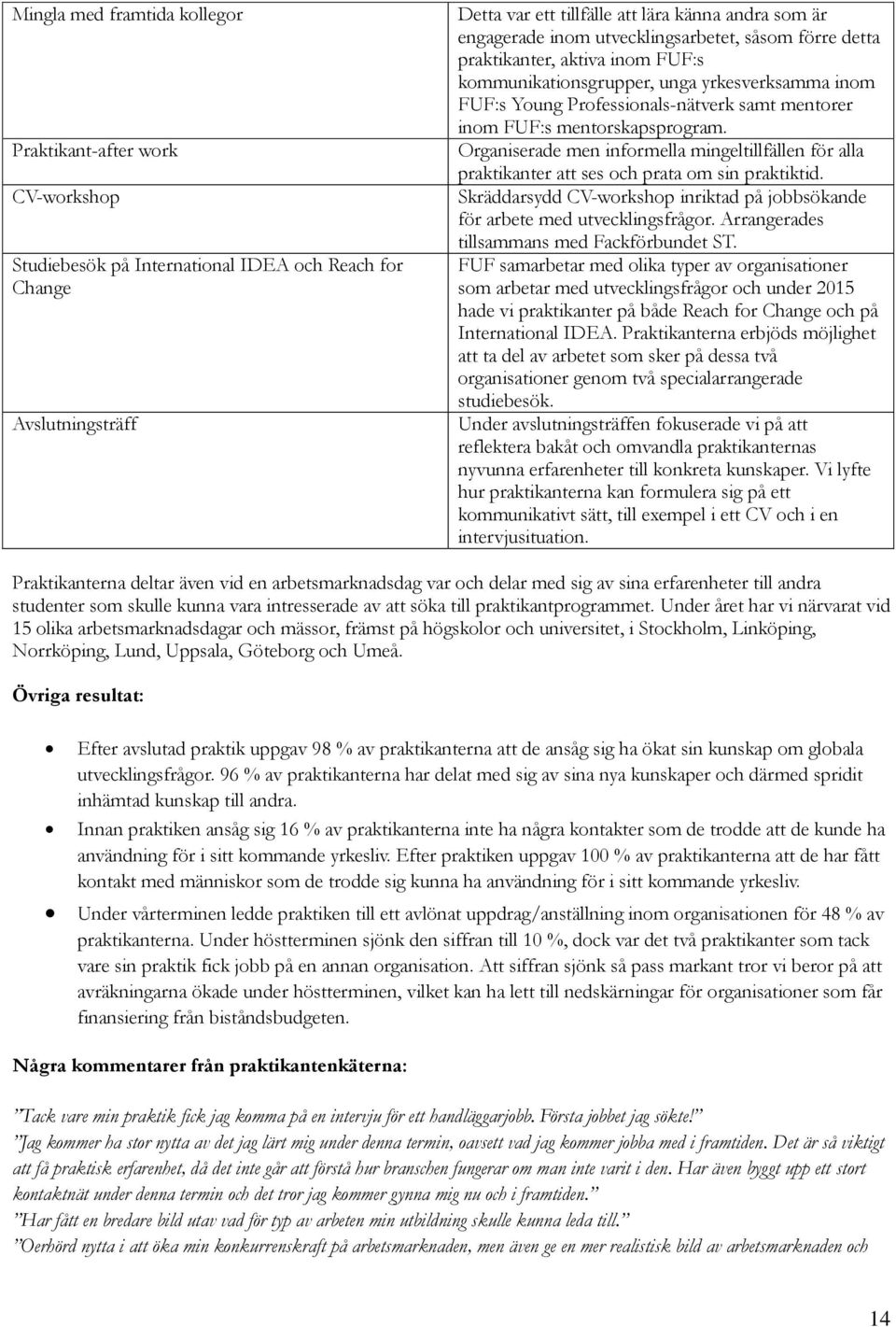 mentorskapsprogram. Organiserade men informella mingeltillfällen för alla praktikanter att ses och prata om sin praktiktid.