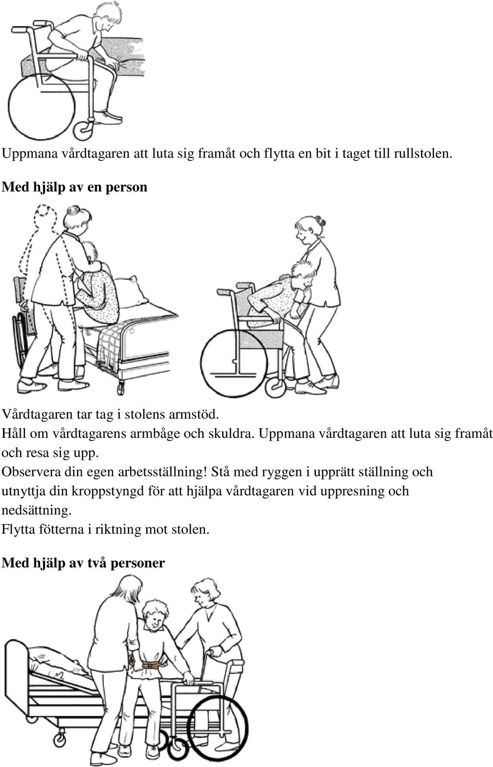 Uppmana vårdtagaren att luta sig framåt och resa sig upp. Observera din egen arbetsställning!