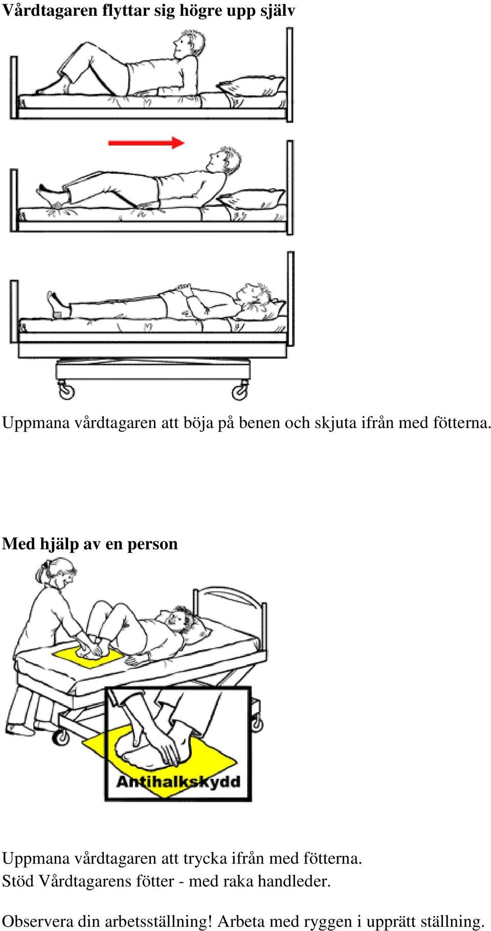 Med hjälp av en person Uppmana vårdtagaren att trycka ifrån med fötterna.