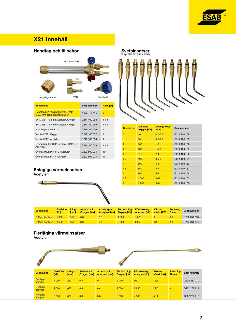 3 mm Acetylen/Oxygen G214 100 068 1 + 1 BV12 3/8-8,0 mm Acetylen/Oxygen G214 100 069 1 + 1 Kopplingsmutter X21 G219 100 436 1 Ventilratt X21 Oxygen G219 100 337 1 Ventilratt X21 Acetylen G219 100 338