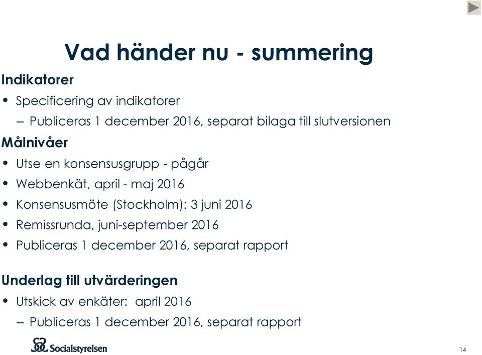 Konsensusmöte (Stockholm): 3 juni 2016 Remissrunda, juni-september 2016 Publiceras 1 december 2016,