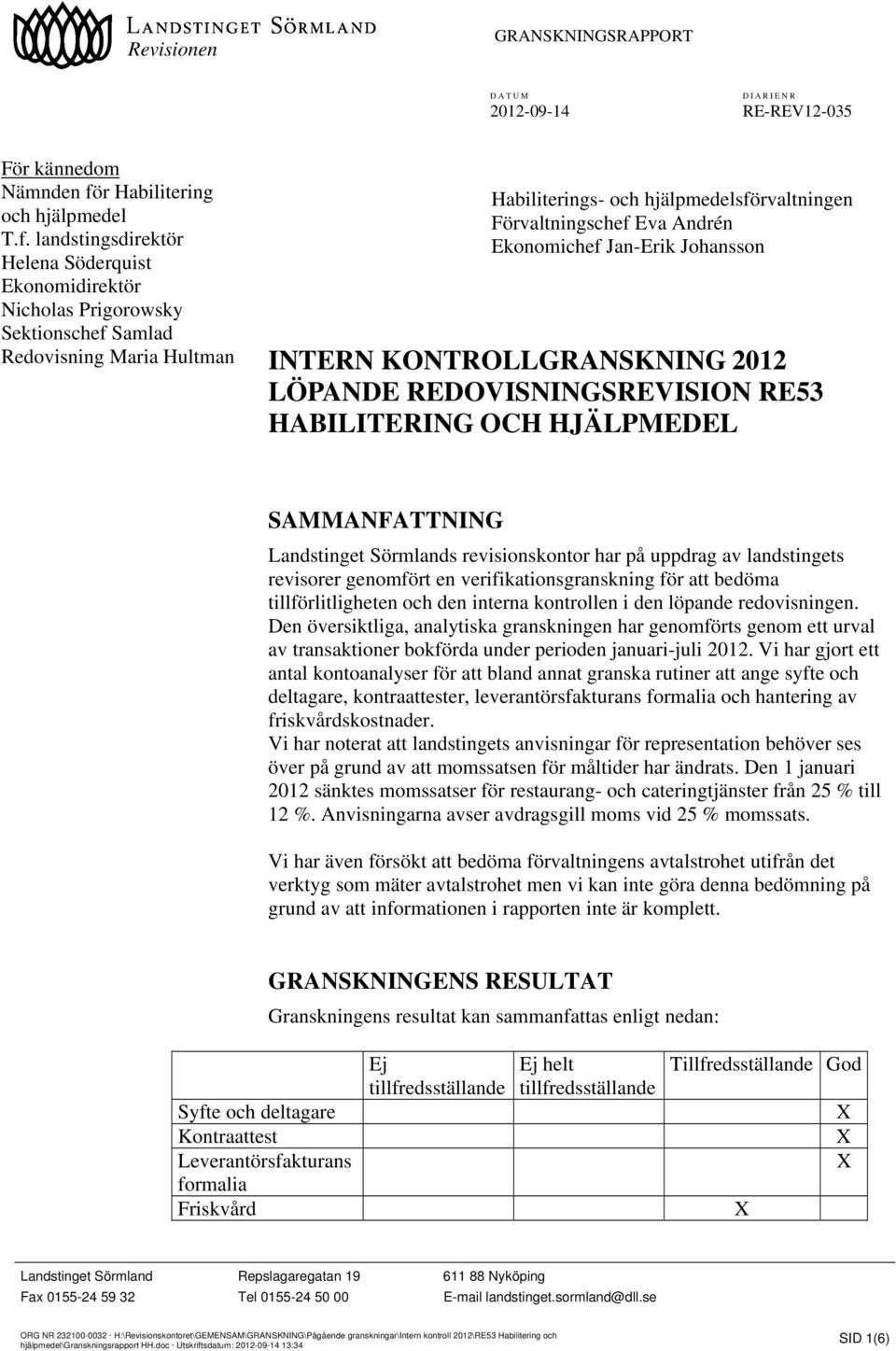 landstingsdirektör Helena Söderquist Ekonomidirektör Nicholas Prigorowsky Sektionschef Samlad Redovisning Maria Hultman Habiliterings- och hjälpmedelsförvaltningen Förvaltningschef Eva Andrén