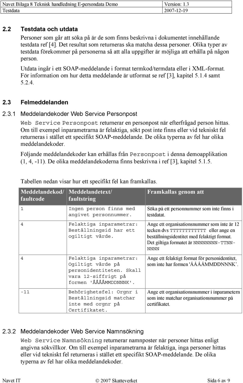 För information om hur detta meddelande är utformat se ref [3], kapitel 5.1.4 samt 5.2.4. 2.3 Felmeddelanden 2.3.1 Meddelandekoder Web Service Personpost Web Service Personpost returnerar en personpost när efterfrågad person hittas.