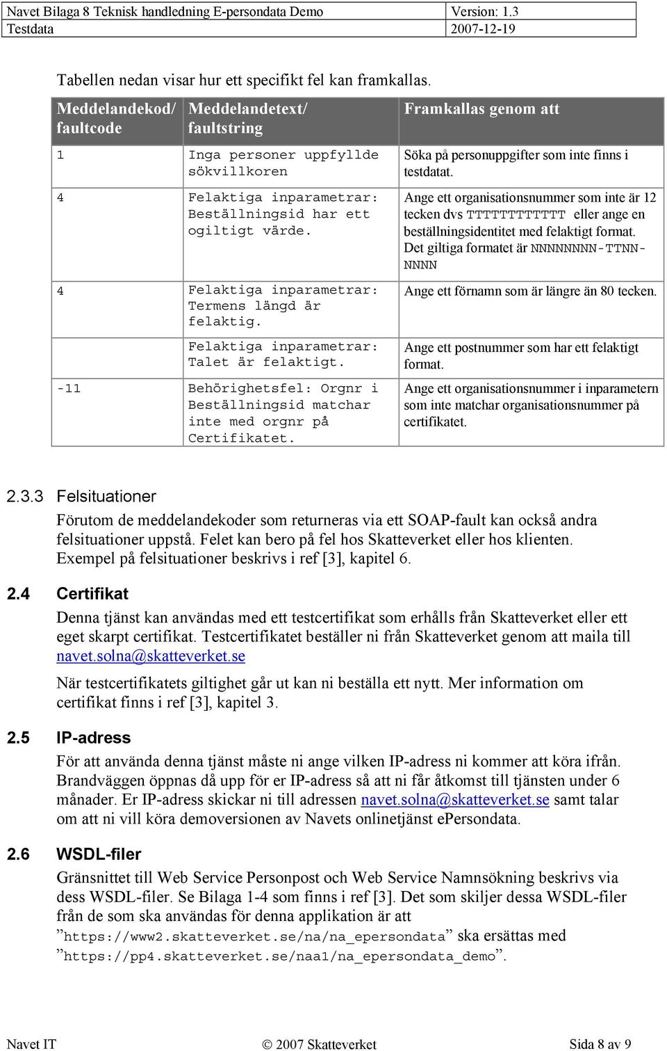 4 Felaktiga inparametrar: Termens längd är felaktig. Felaktiga inparametrar: Talet är felaktigt. -11 Behörighetsfel: Orgnr i Beställningsid matchar inte med orgnr på Certifikatet.