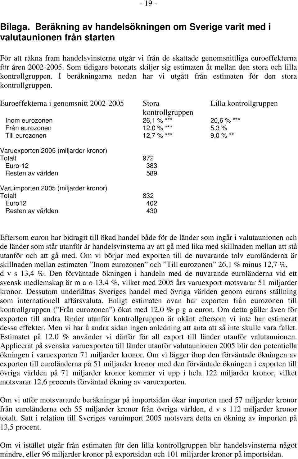 Som tidigare betonats skiljer sig estimaten åt mellan den stora och lilla kontrollgruppen. I beräkningarna nedan har vi utgått från estimaten för den stora kontrollgruppen.