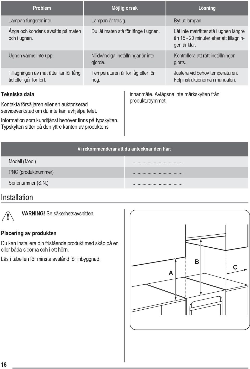 Låt inte maträtter stå i ugnen längre än 15-20 minuter efter att tillagningen är klar. Kontrollera att rätt inställningar gjorts. Justera vid behov temperaturen. Följ instruktionerna i manualen.